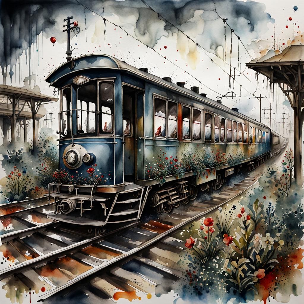 Eerie Abandoned Train Station in Dark Watercolor Style