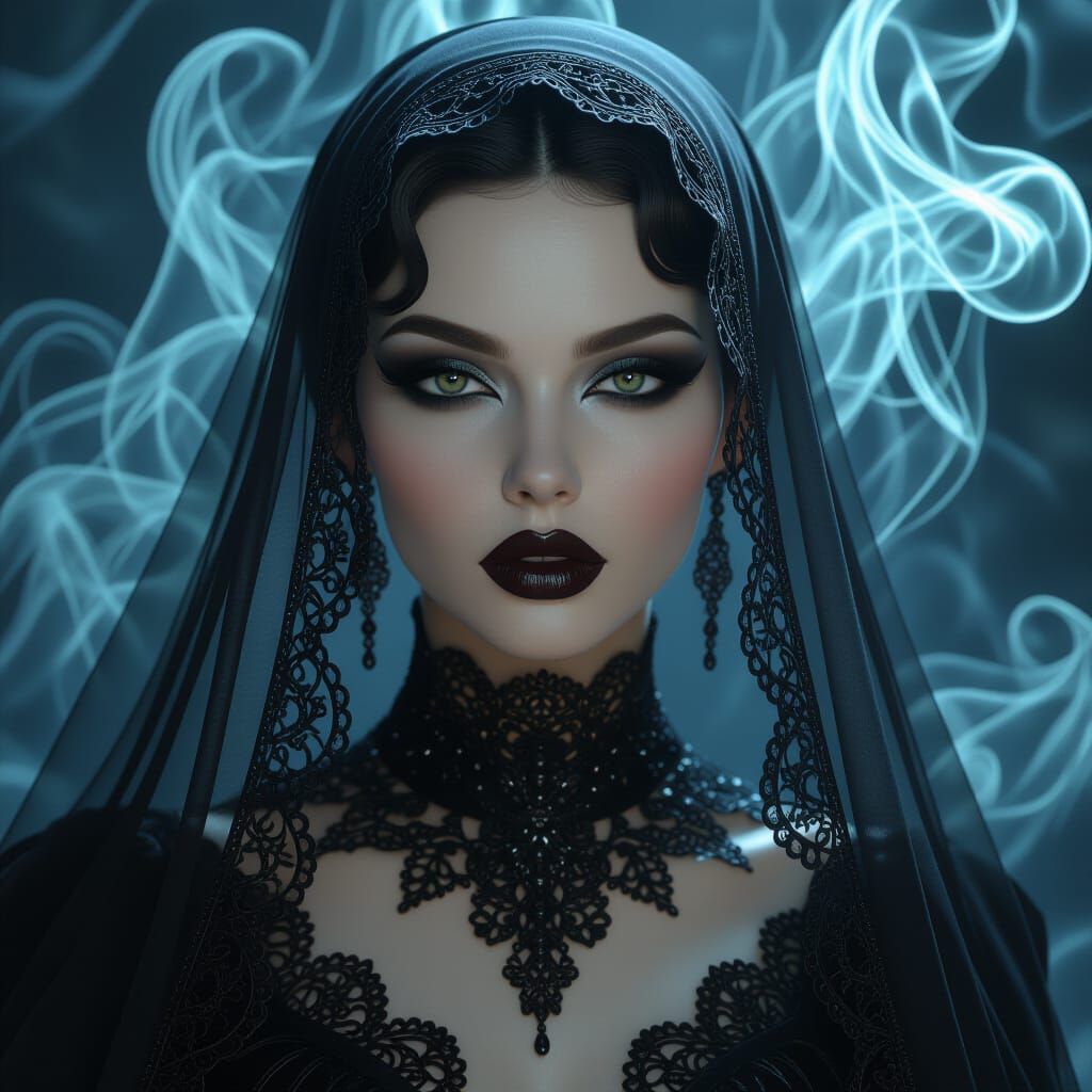 Macabre Woman with Veil in Art Nouveau Style