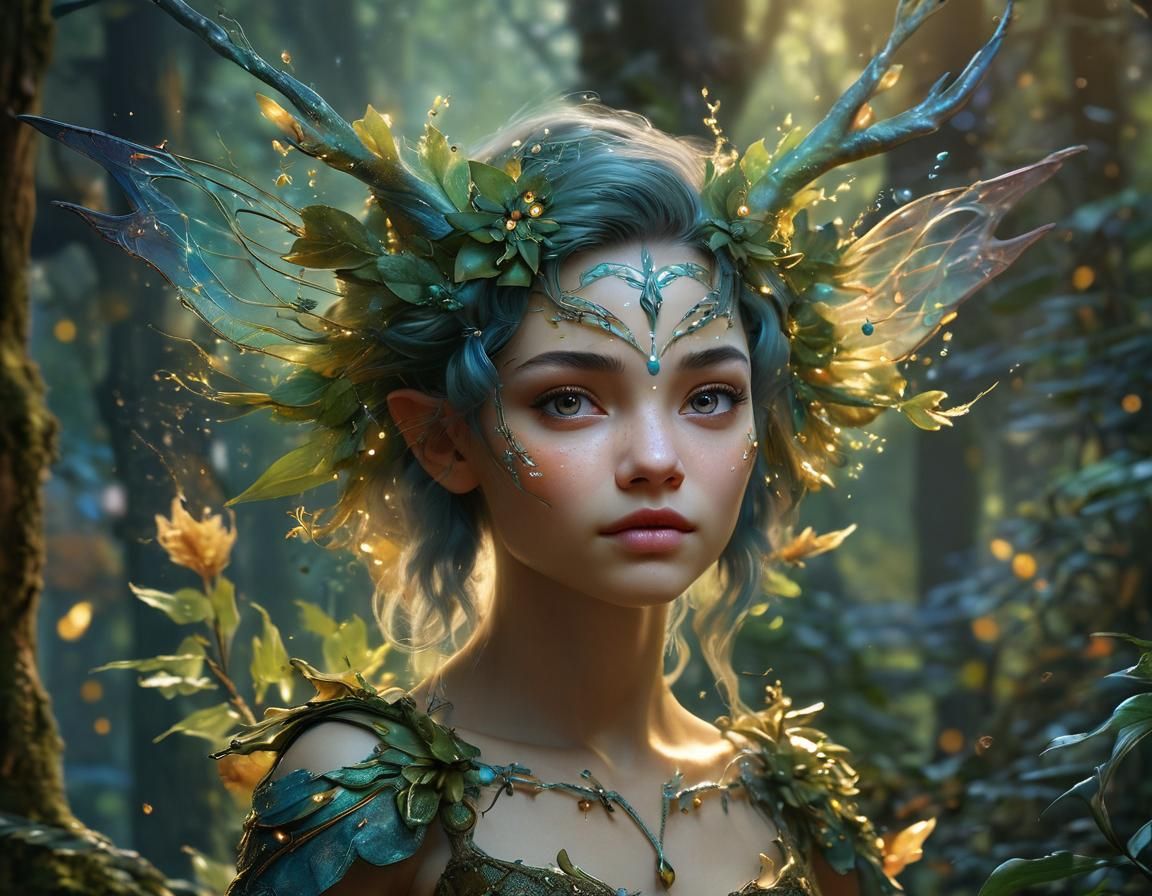 Mystical Elven Fairy Portrait in Fantasy Forest