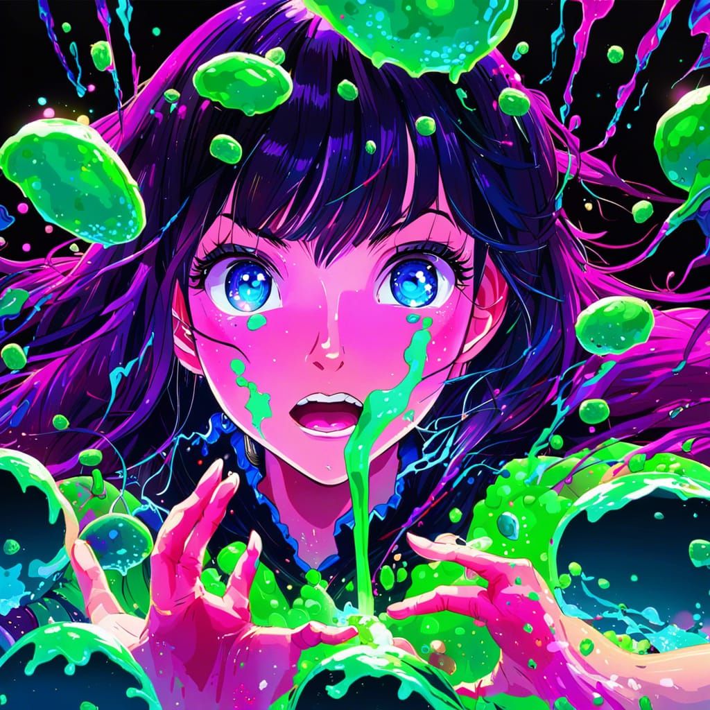 Anime Slime Girl with Glowing Eyes in Synthwave Style