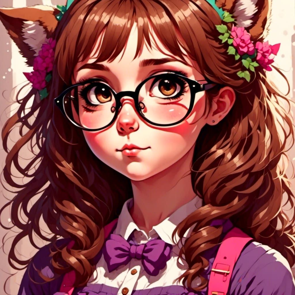 Anime Catgirl Goddess with Brown Hair and Glasses