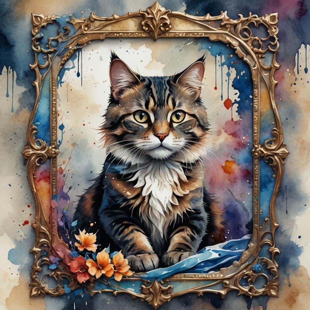 Watercolor Cat Painting with Ornate Frame