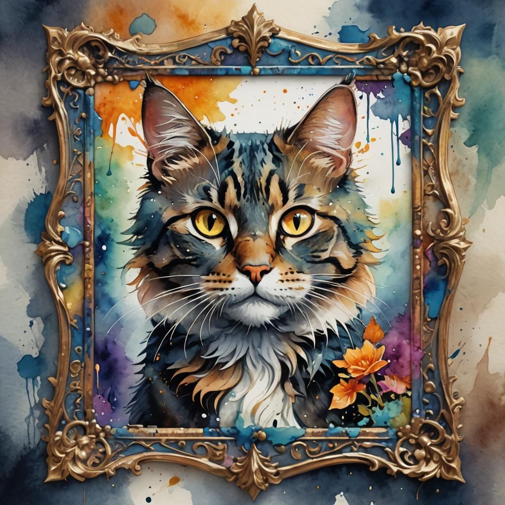 Watercolor Cat Painting in Ornate Frame
