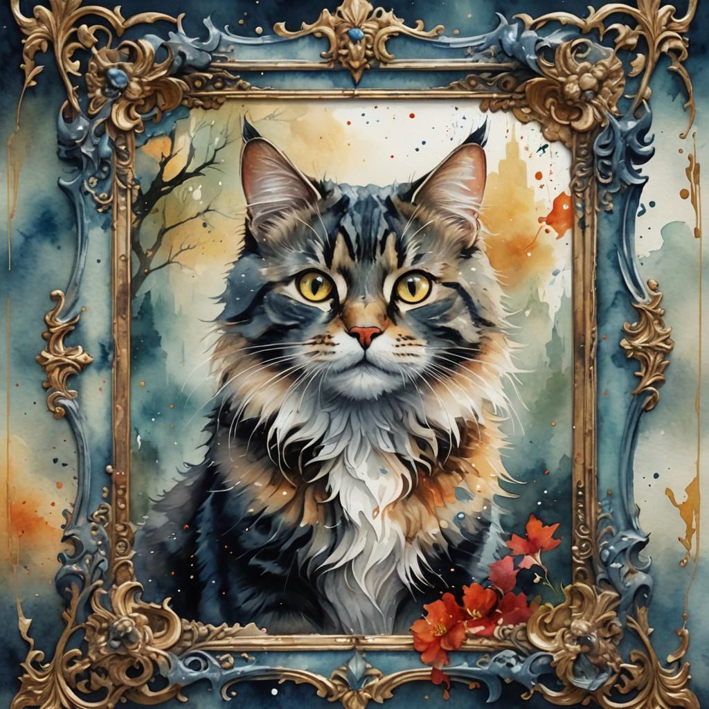 Watercolor Cat Painting in Ornate Frame