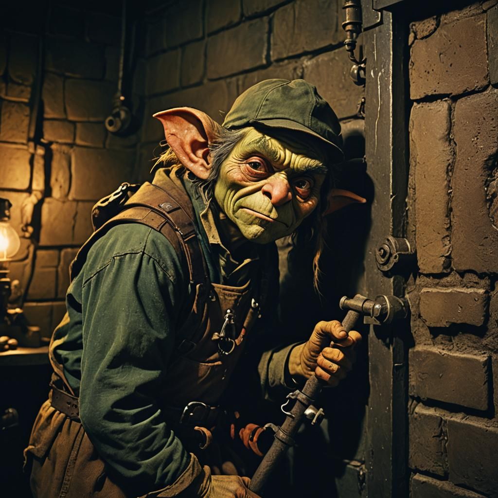 Tired Goblin Plumber in Dimly Lit Dungeon