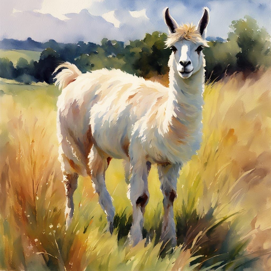 Llama Portrait in Watercolour Impressionist Style