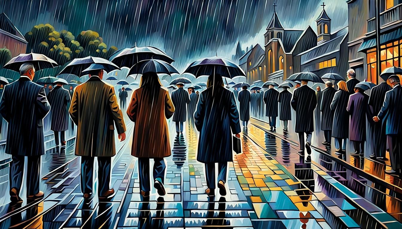 Rainy Funeral in Post-Impressionist Oil Painting