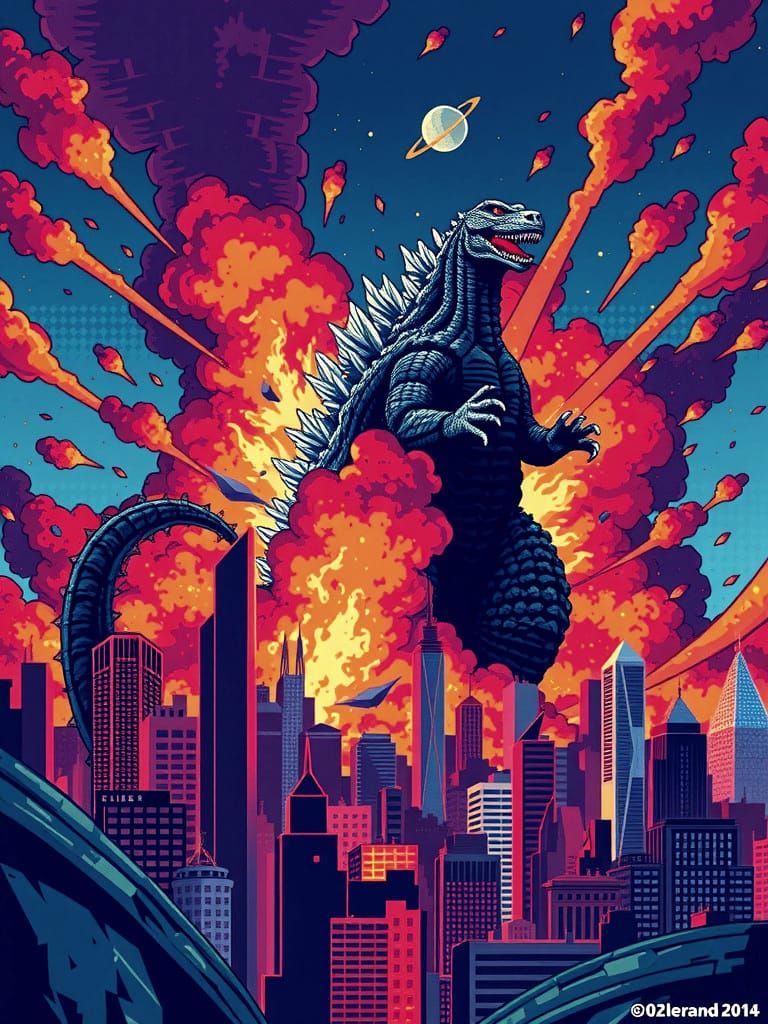 Godzilla Poster in 16-bit Pixel Art Style