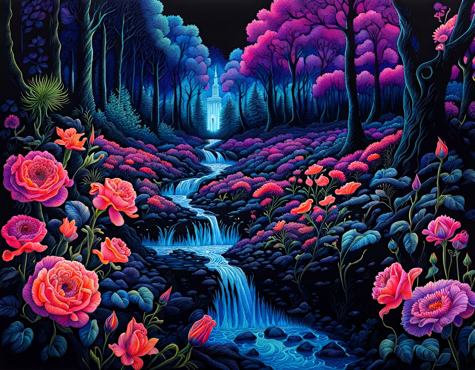 Hyperdetailed, intricately detailed black pen and ink, bright intense neon blacklight hyperdetailed watercolor