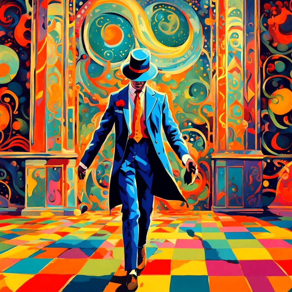 Dapper Avant-Garde Figure in a Whimsical, Pointillist Scene