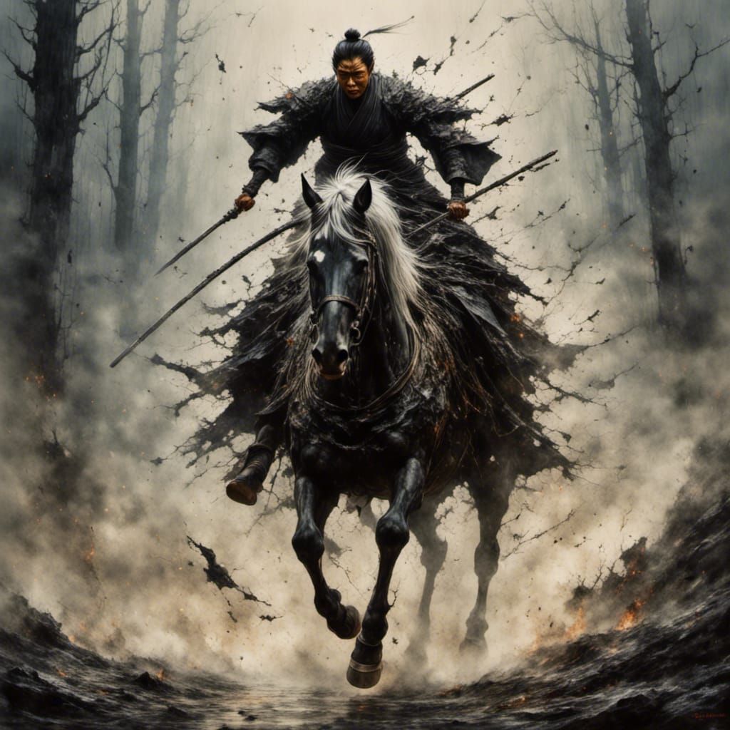 Android Samurai Jumps from Horse with Spear