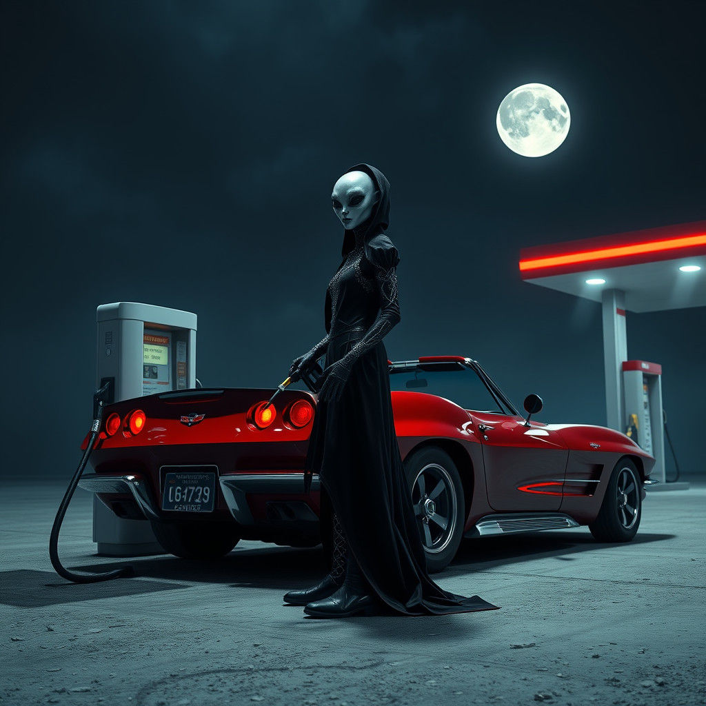 Alien Refuels Corvette at Deserted Gas Station