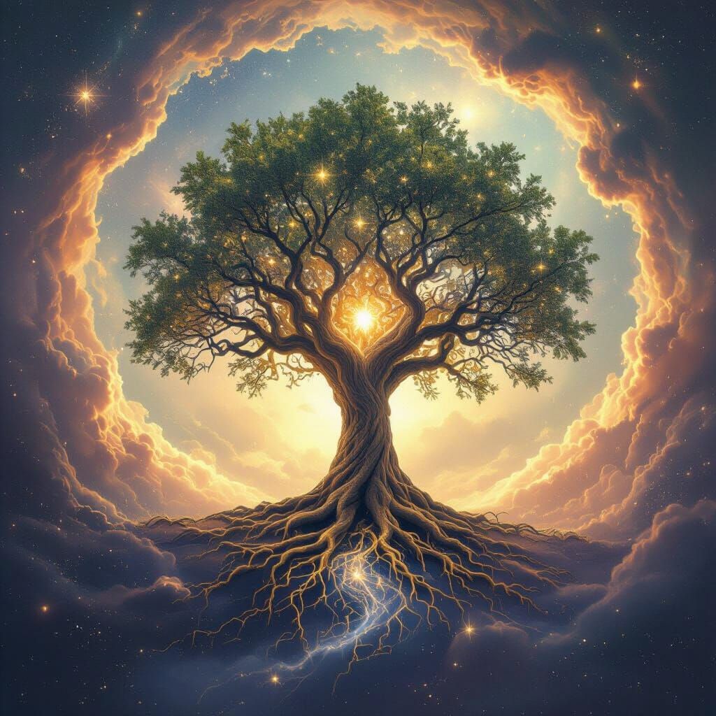 Majestic Cosmic Tree with Constellation Leaves