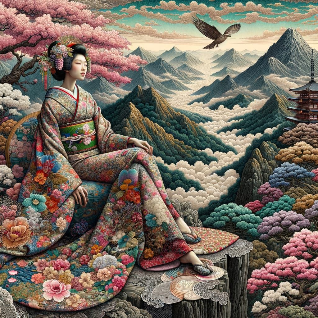 Woman in Kimono on Cliff with Cherry Blossoms