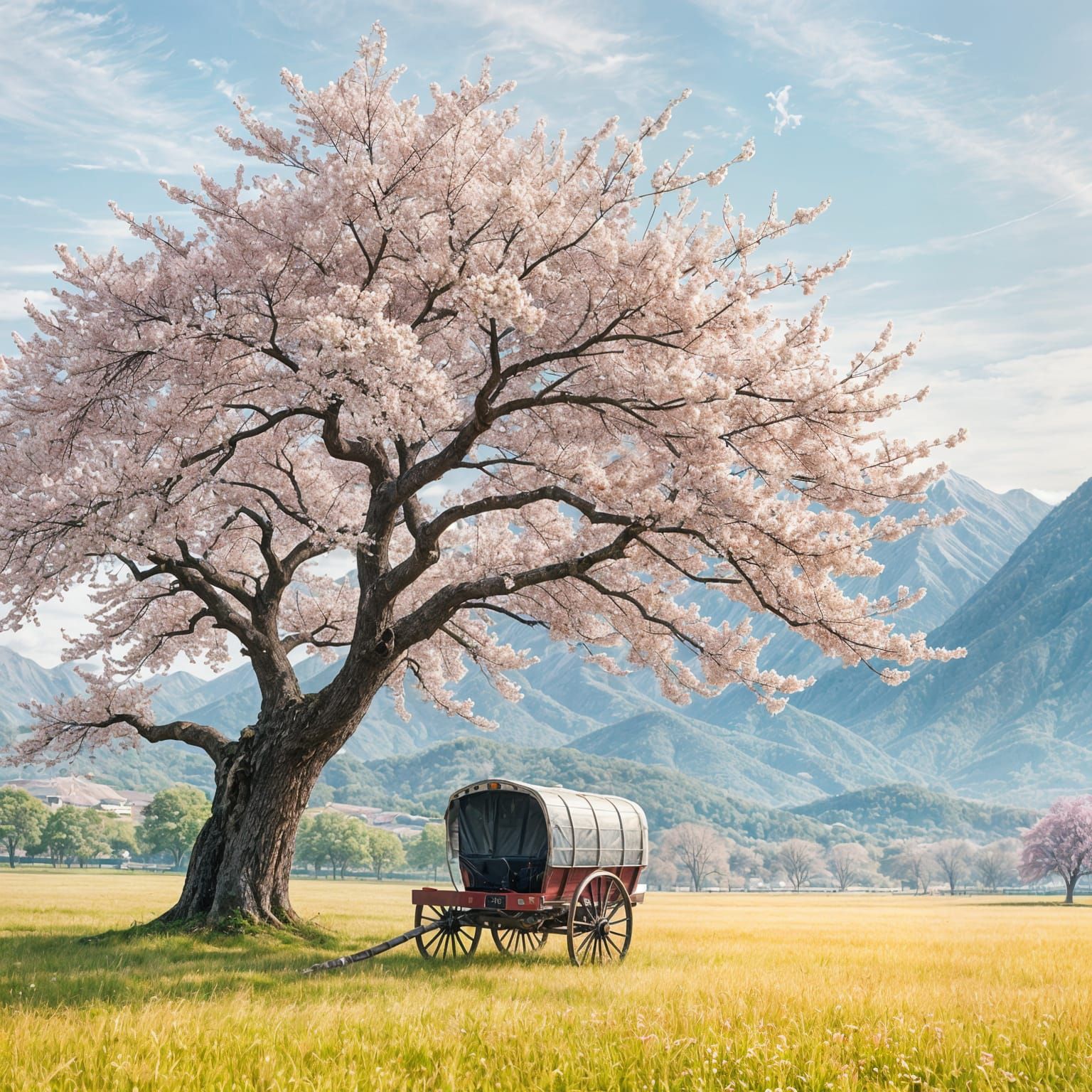 Japanese Cherry Tree in Spring Landscape