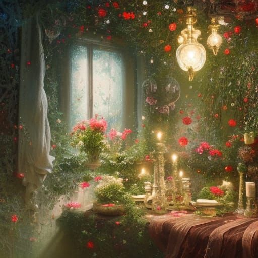 Moonlit Rose Gazebo with Fairy Lights, Nouveau Romantique