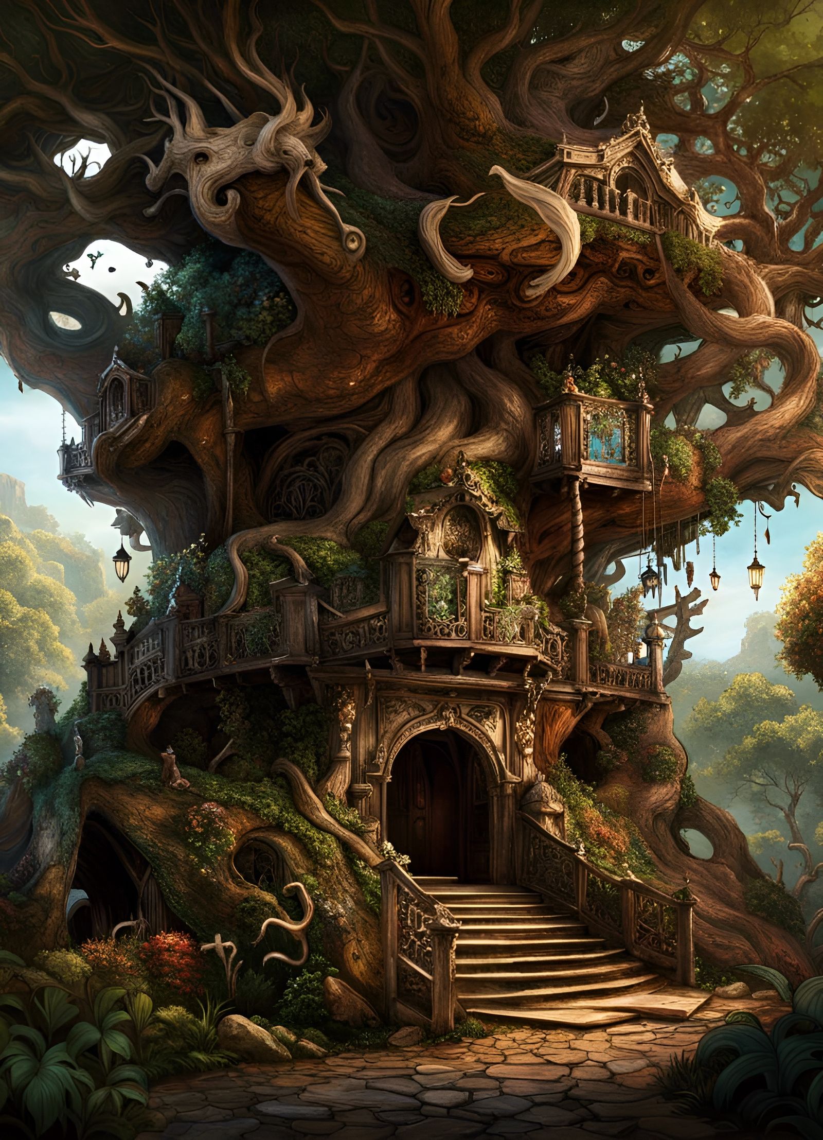 Intricate Faerie Home Inside Gnarled Oak, Fantasy Art