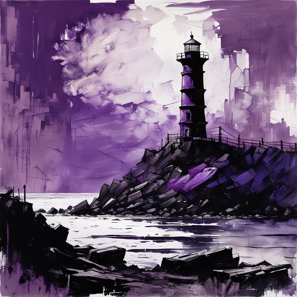 Melancholic Lighthouse on Purple Post-Apocalyptic Coast