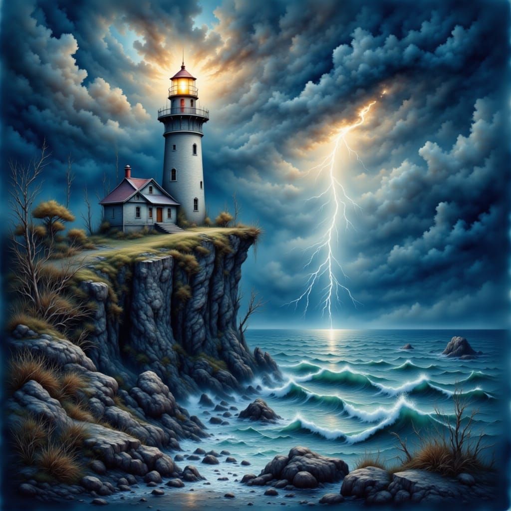 Majestic Lighthouse on Stormy Cliff in Oil Painting Style