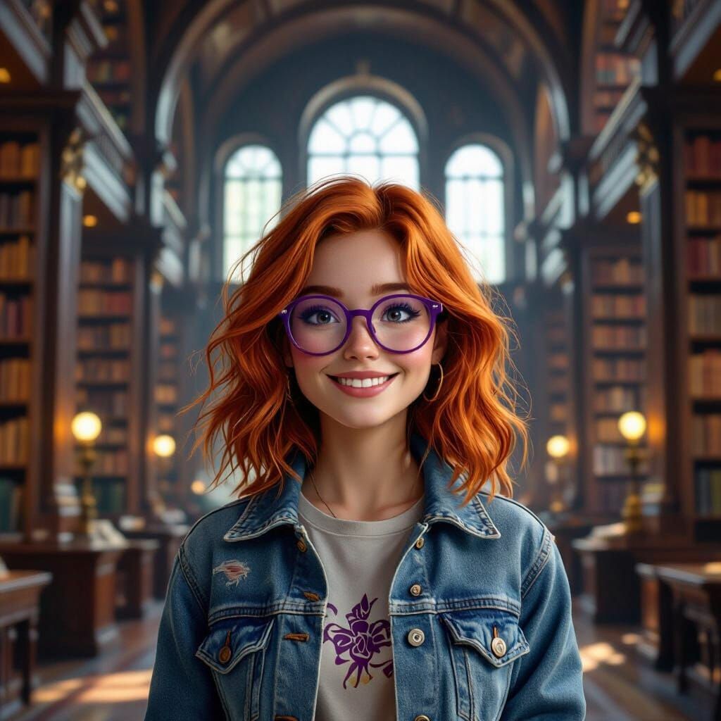 Red-Haired Student in Grand Library, Hyperrealistic Digital ...