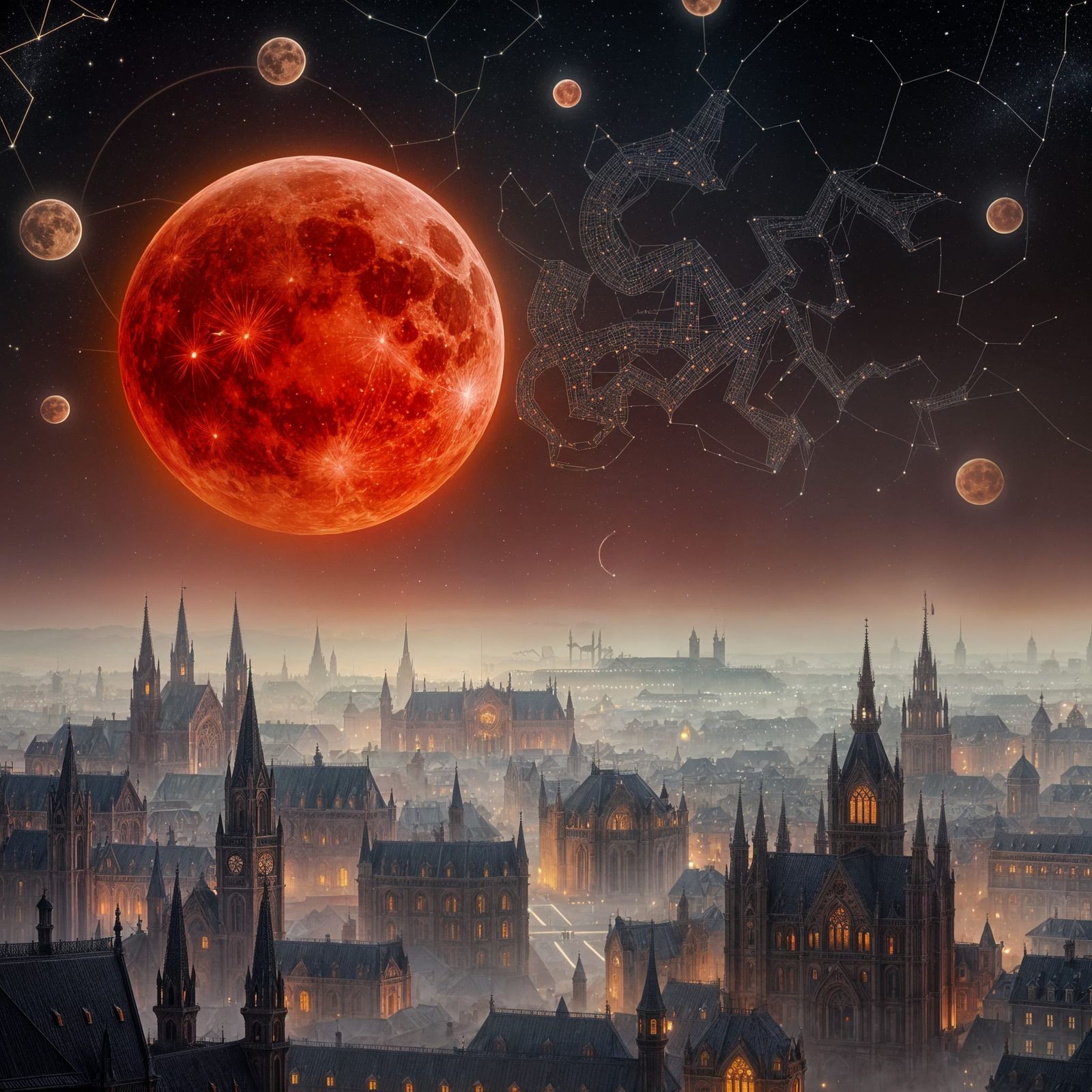 Mythical City Illuminated by Floating Orbs, Gothic Fantasy A...