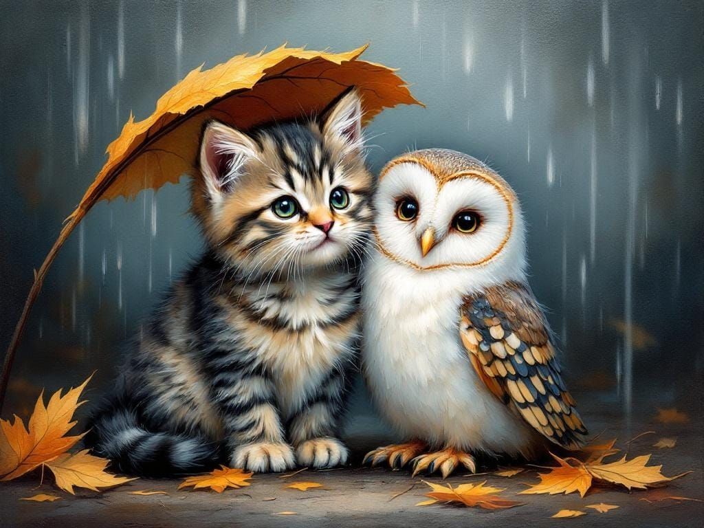 Kitten and Owl Under Leaf, Impasto Oil Painting