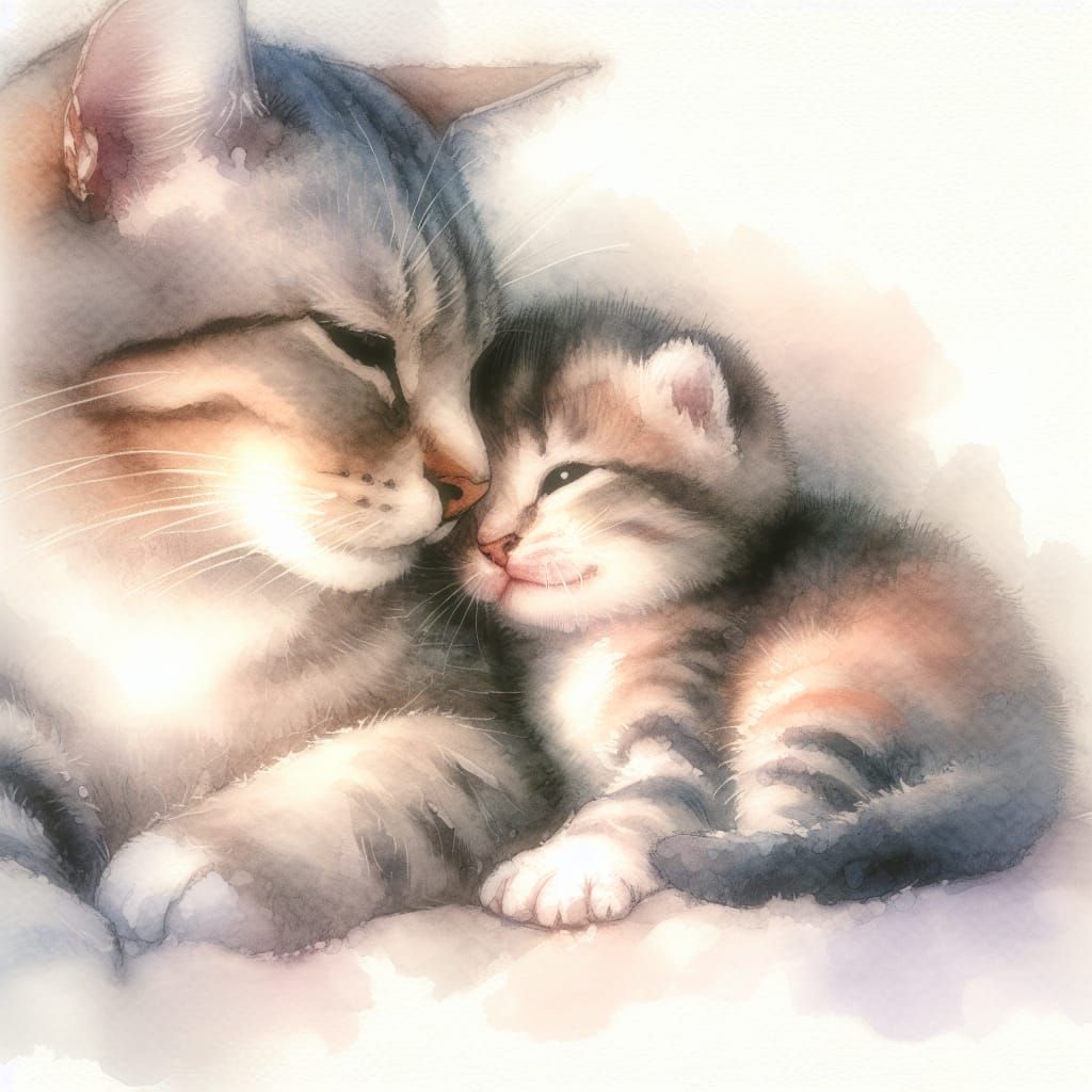 Tender Kitten and Cat Companionship in Watercolor