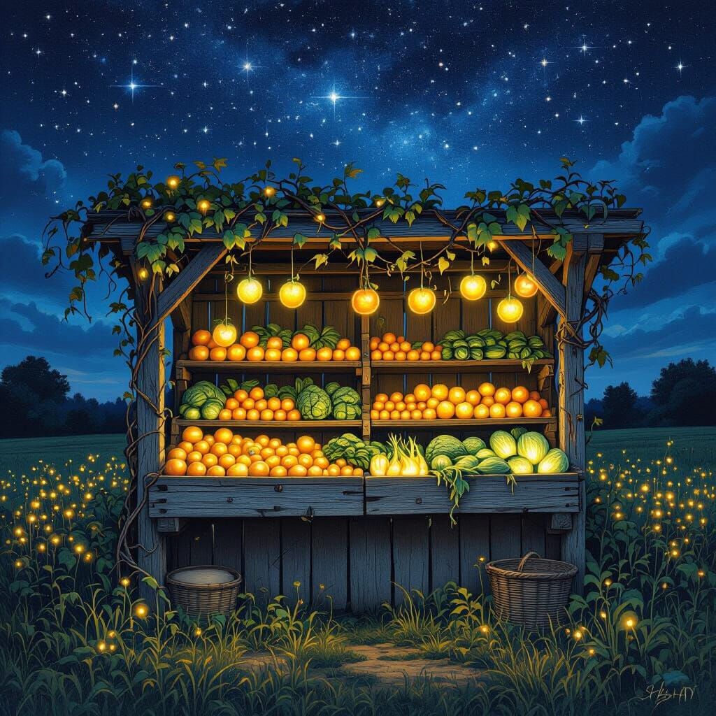 Ethereal Farmstand Under Starry Night Sky