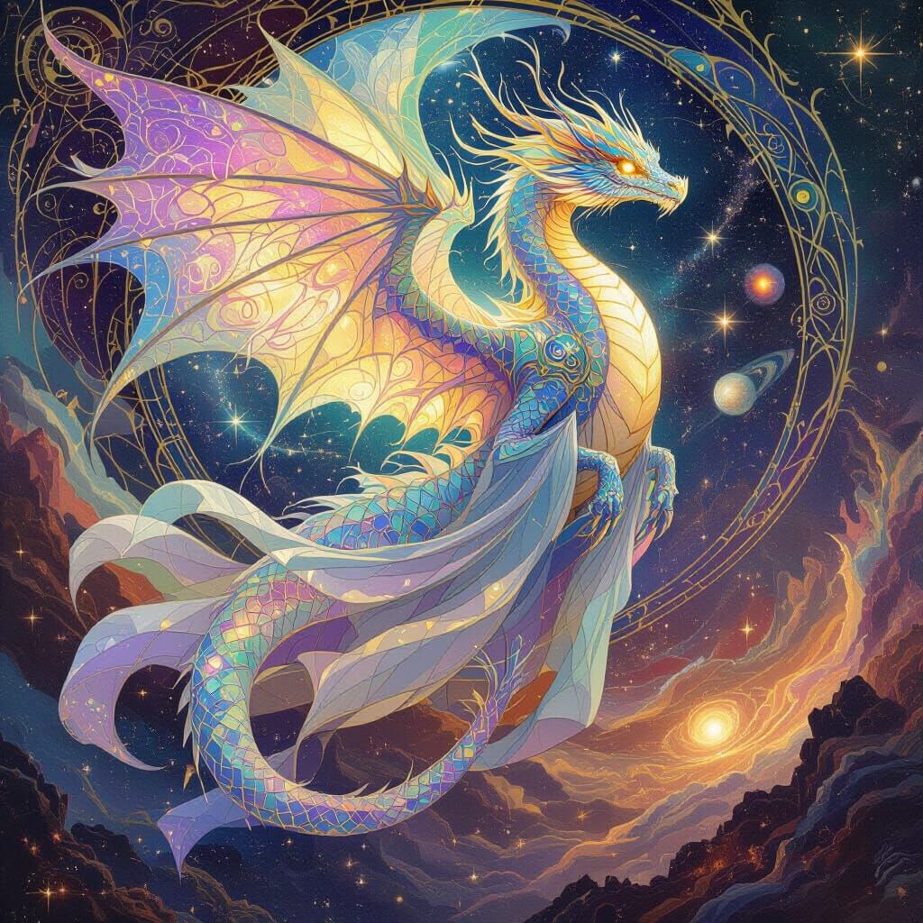 Celestial Dragon Soaring Through Iridescent Cosmos