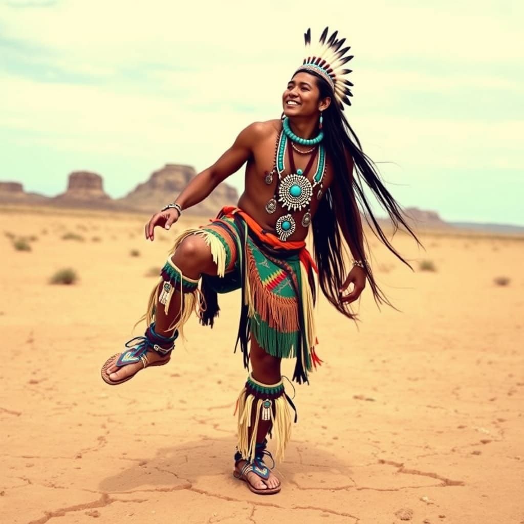 Navajo Two-Spirit Youth in Vibrant Regalia, Dancing in the A...