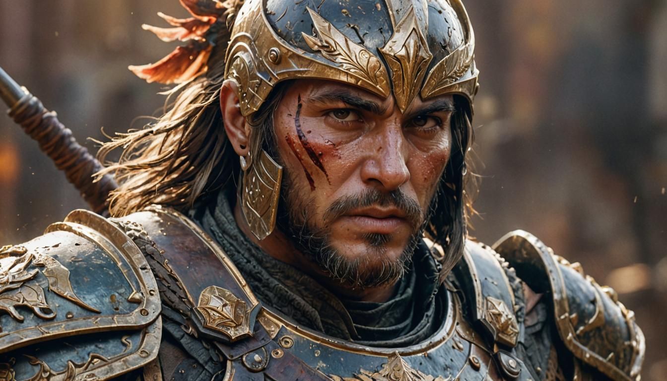 Hyperrealistic Warrior Portrait with Metallic Armor