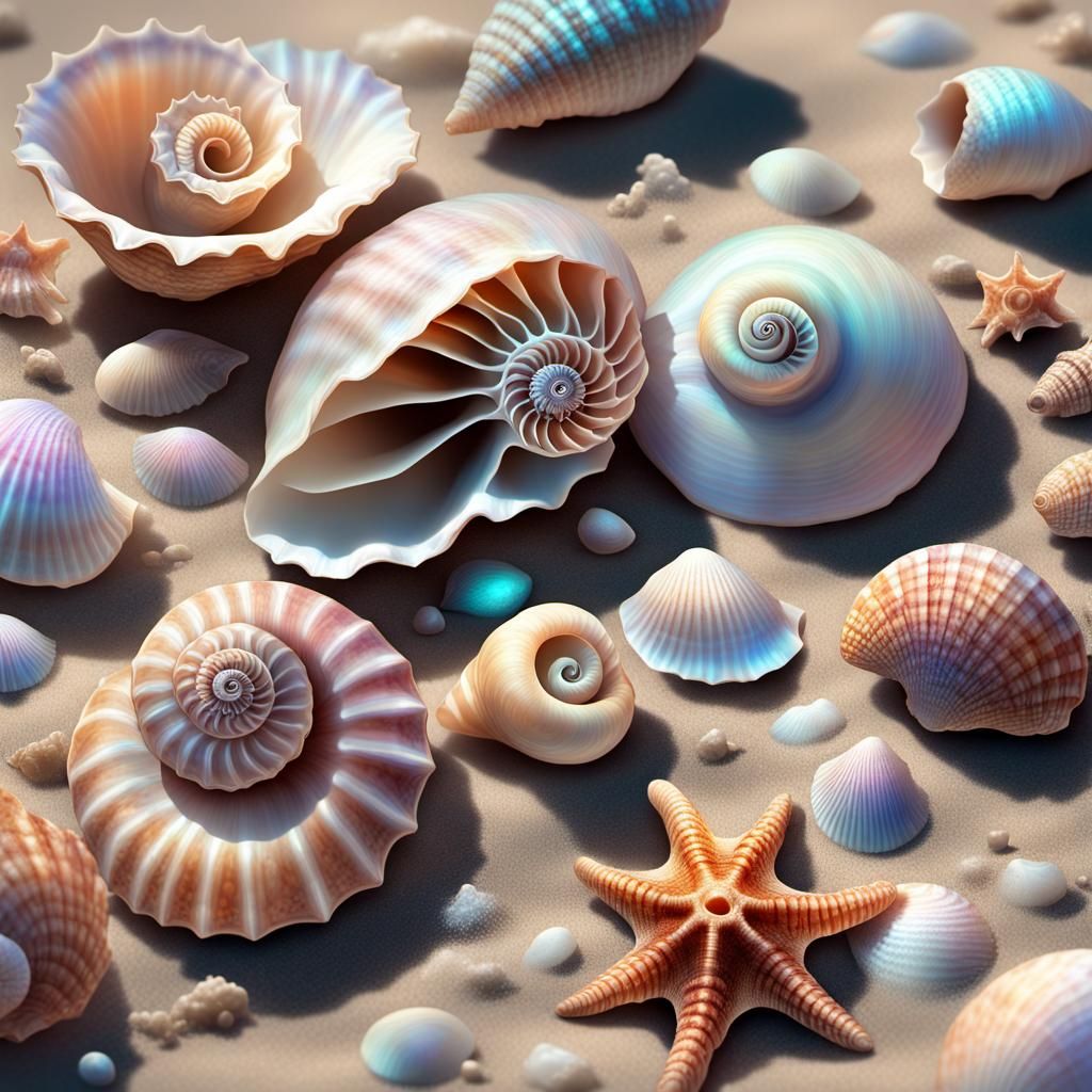 Seashells on Beach in Holographic Astral Style