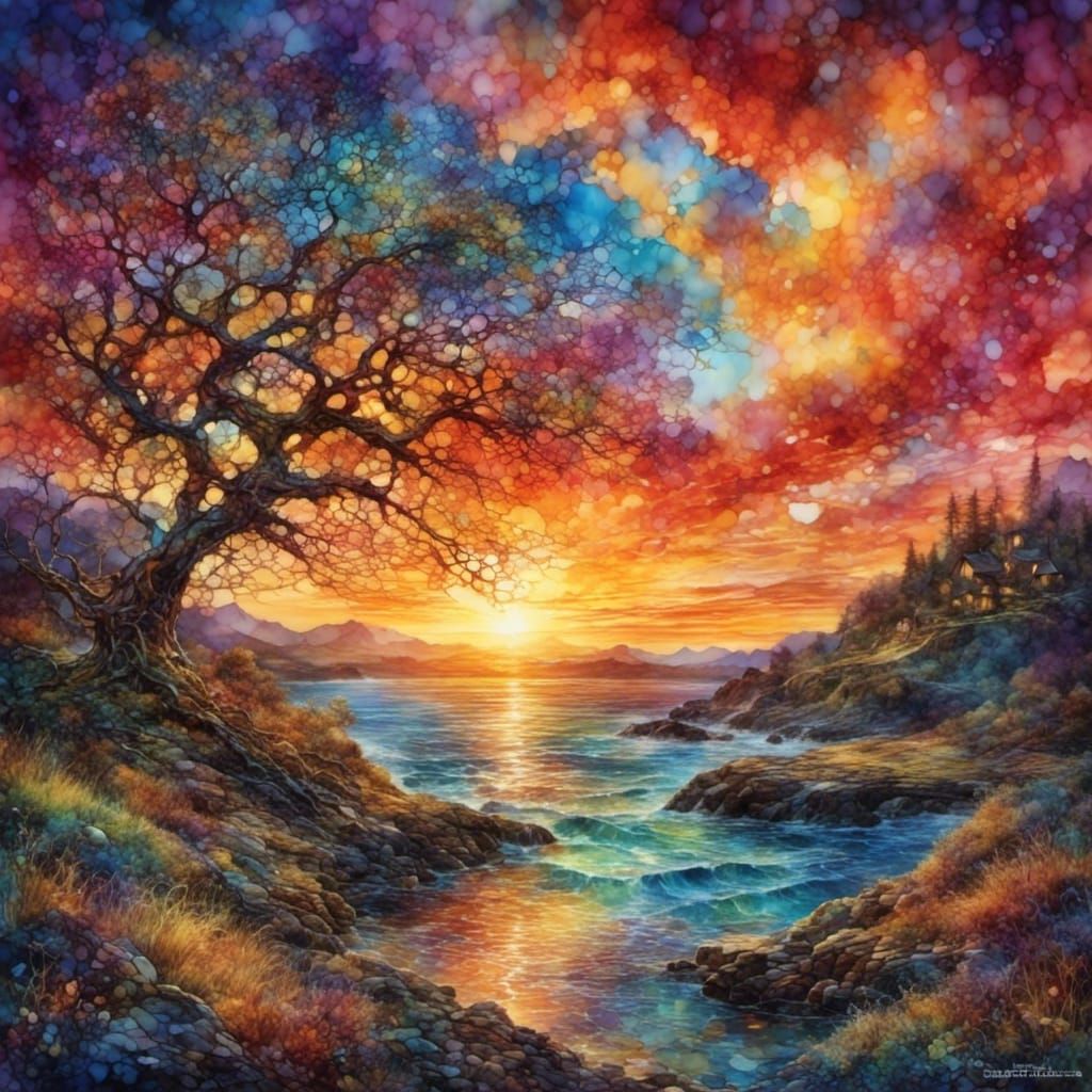 Distorted Sunset Landscape Through Broken Glass