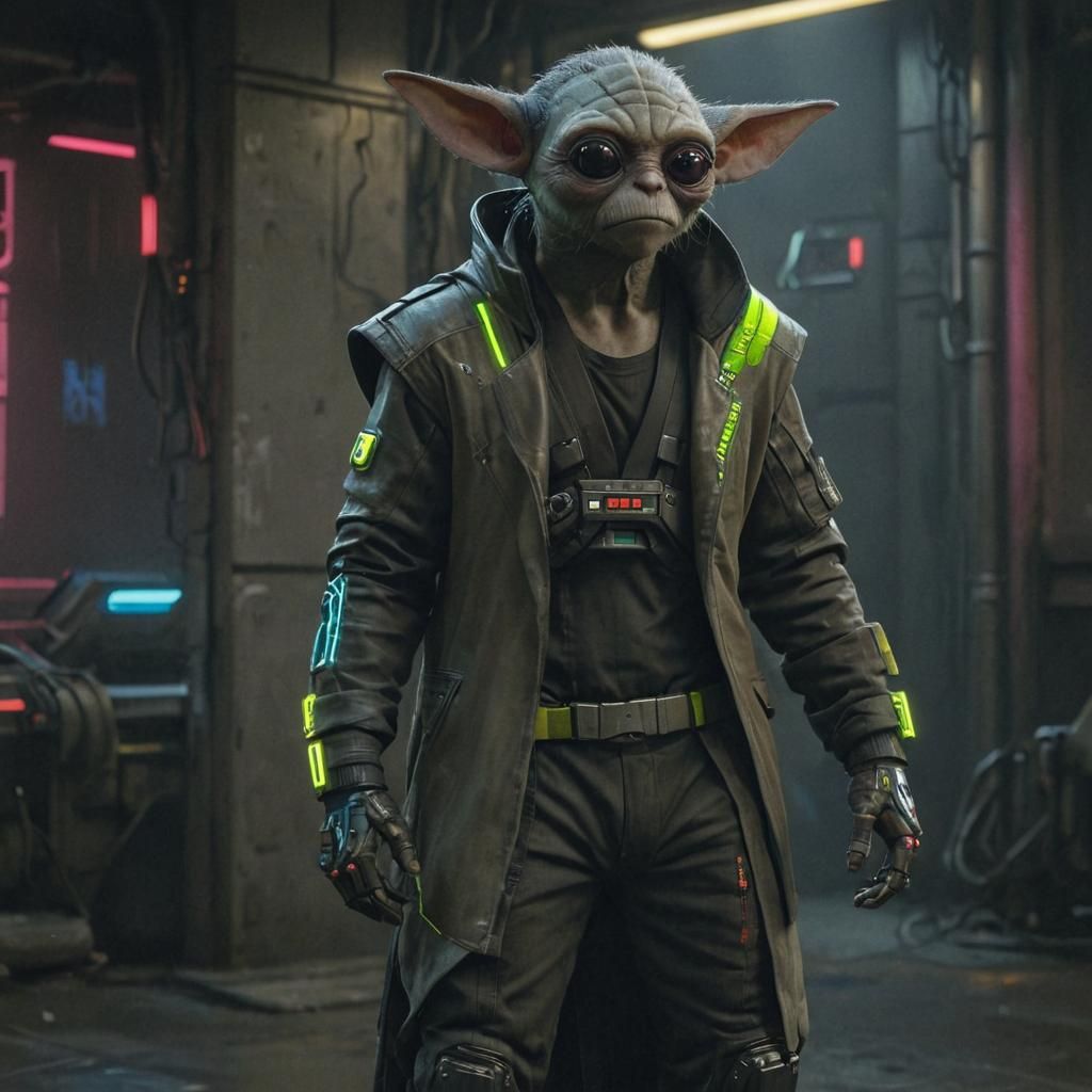 Cyberpunk Yoda in Futuristic Neon Cityscape