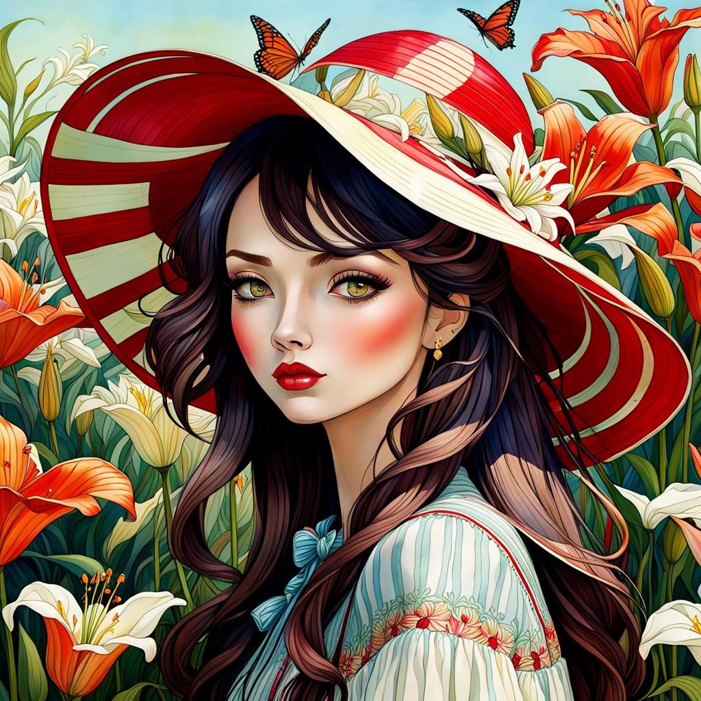 Girl in Garden of Lilies, Whimsical Art