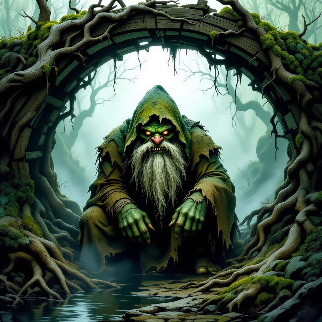 Moss-Covered Troll Hiding Under Bridge in Dark Forest