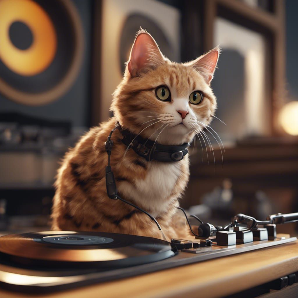 Calico Cat Listening to Records in 3D