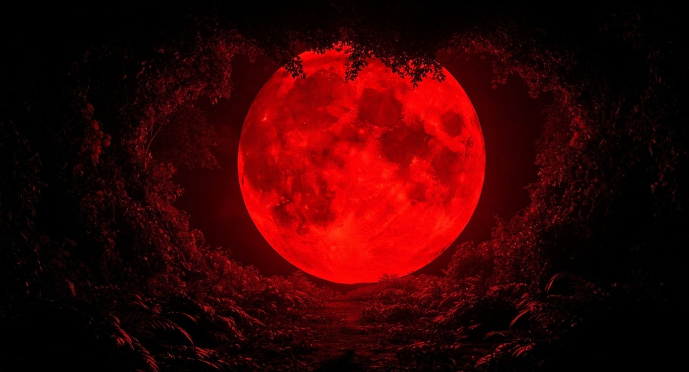 Surreal Japanese Myth: Colossal Moon in Dreamlike Landscape