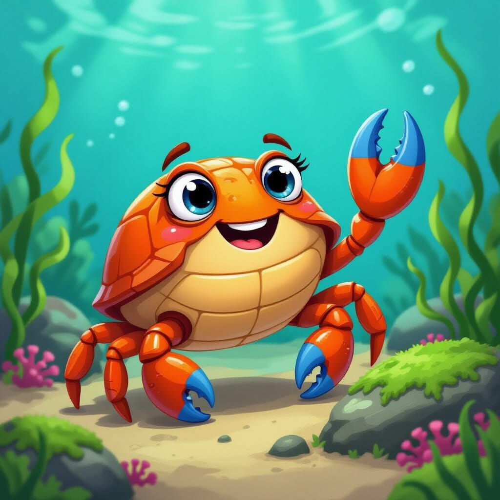 Cheerful Cartoon Crab Waving in Underwater Scene