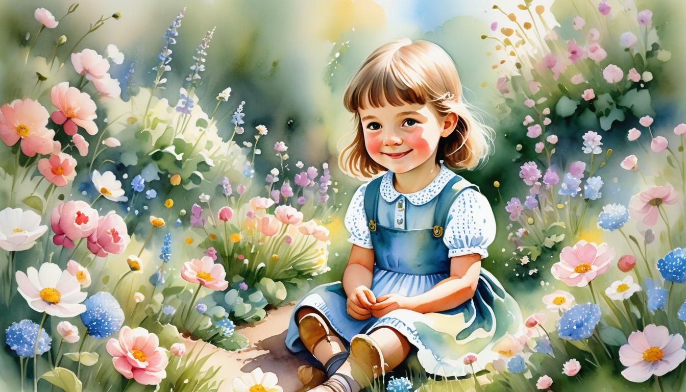 Whimsical Child in Garden: Watercolour Illustration