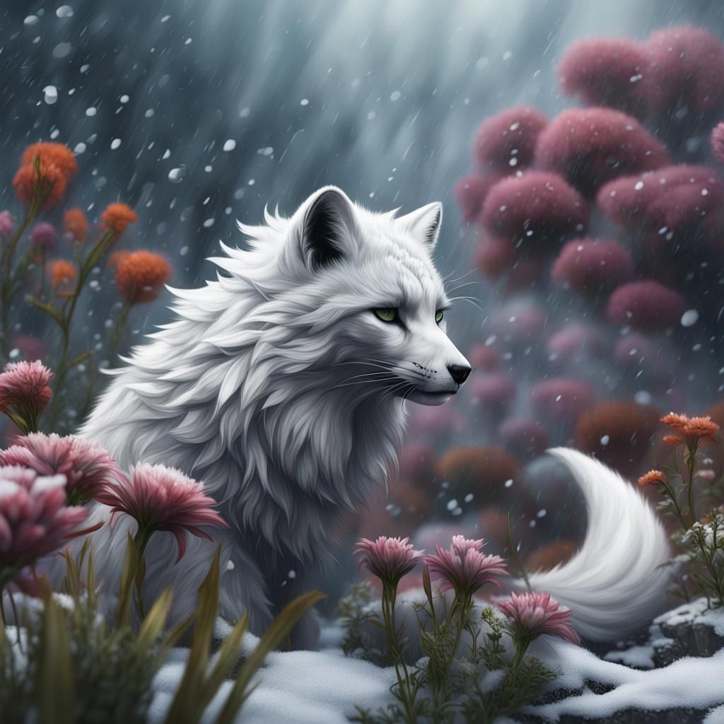 Arctic Fox and Snow Leopard in Rainy Snow