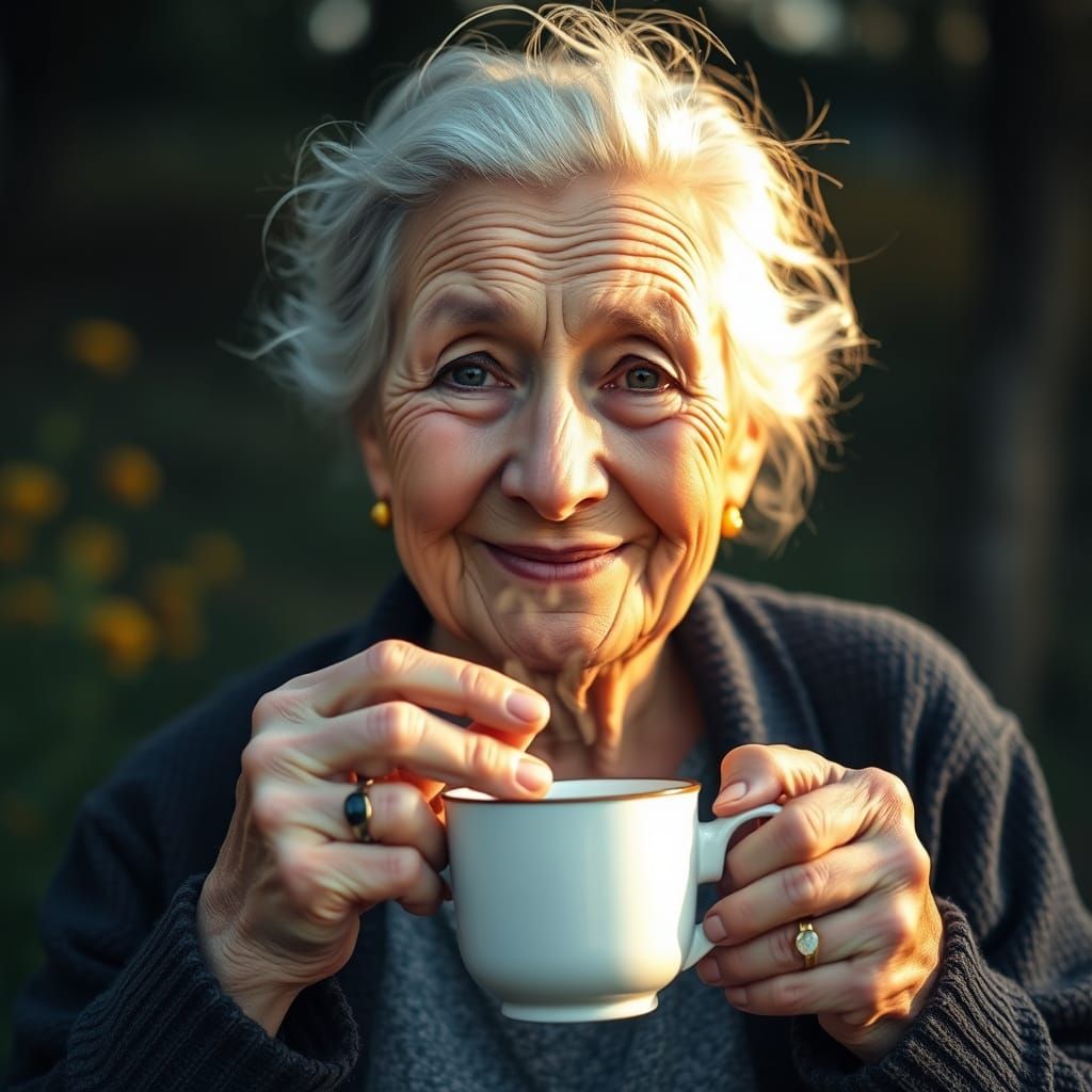 Elderly Woman Portrait in Golden Hour Sunlight