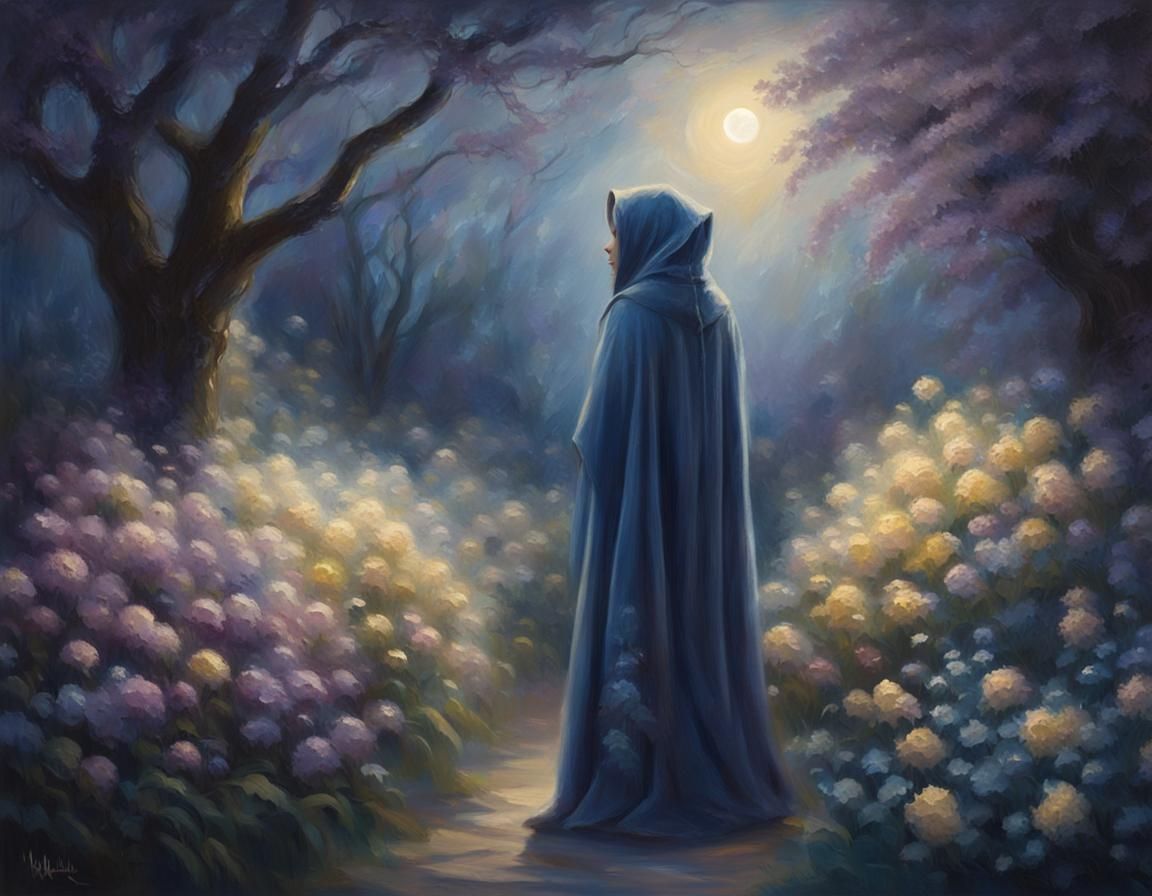 Mystical Woman in Moonlit Garden Oil Painting