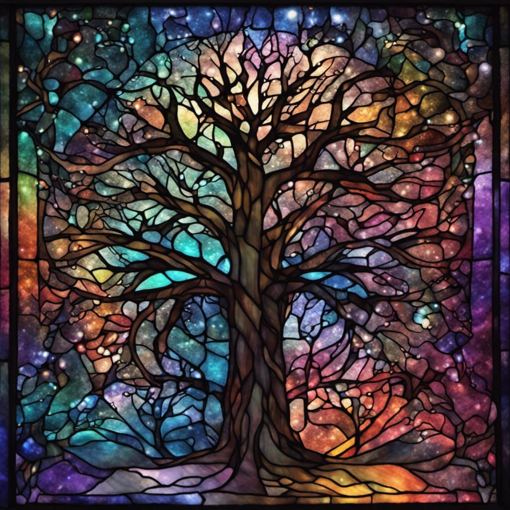 Stained Glass Tree of Magic in Rainbow Colors