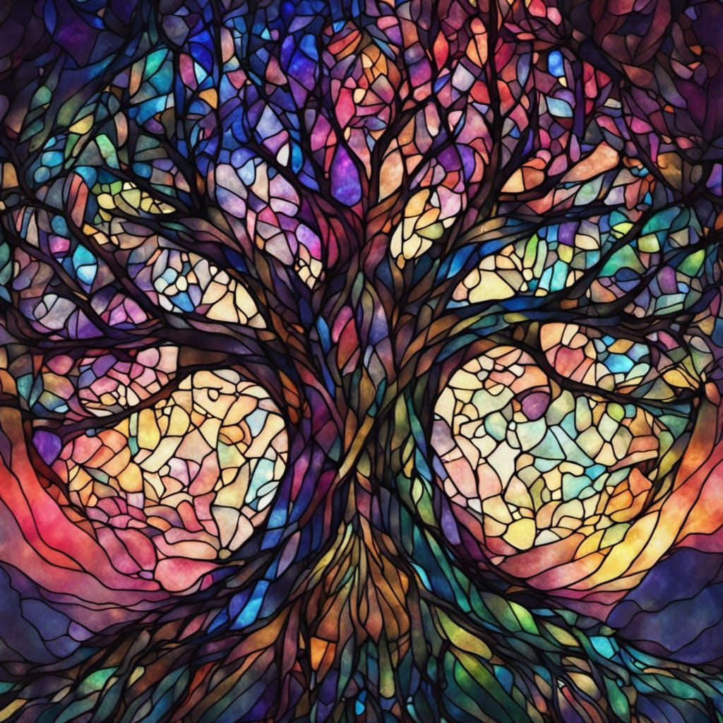 Stained Glass Tree of Magic in Rainbow Colors