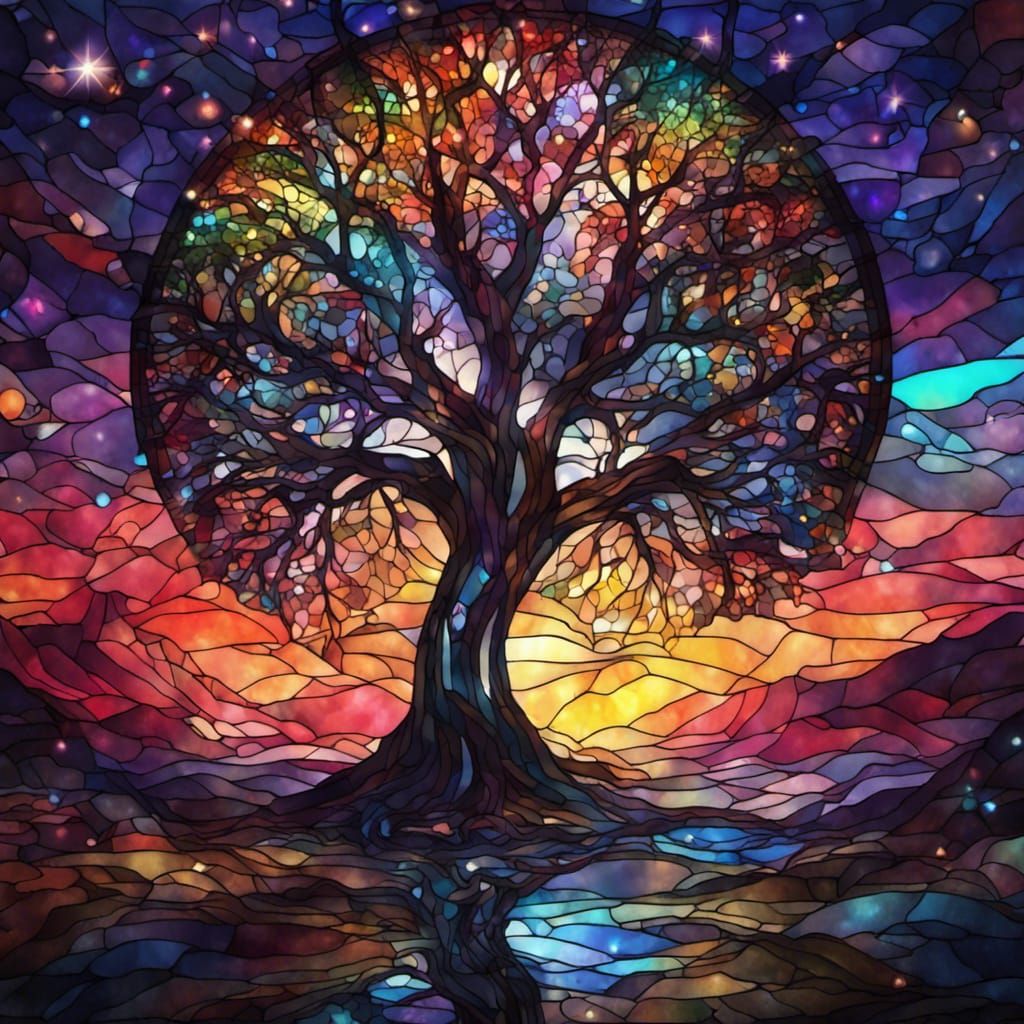 Stained Glass Tree of Magic in Rainbow Colors