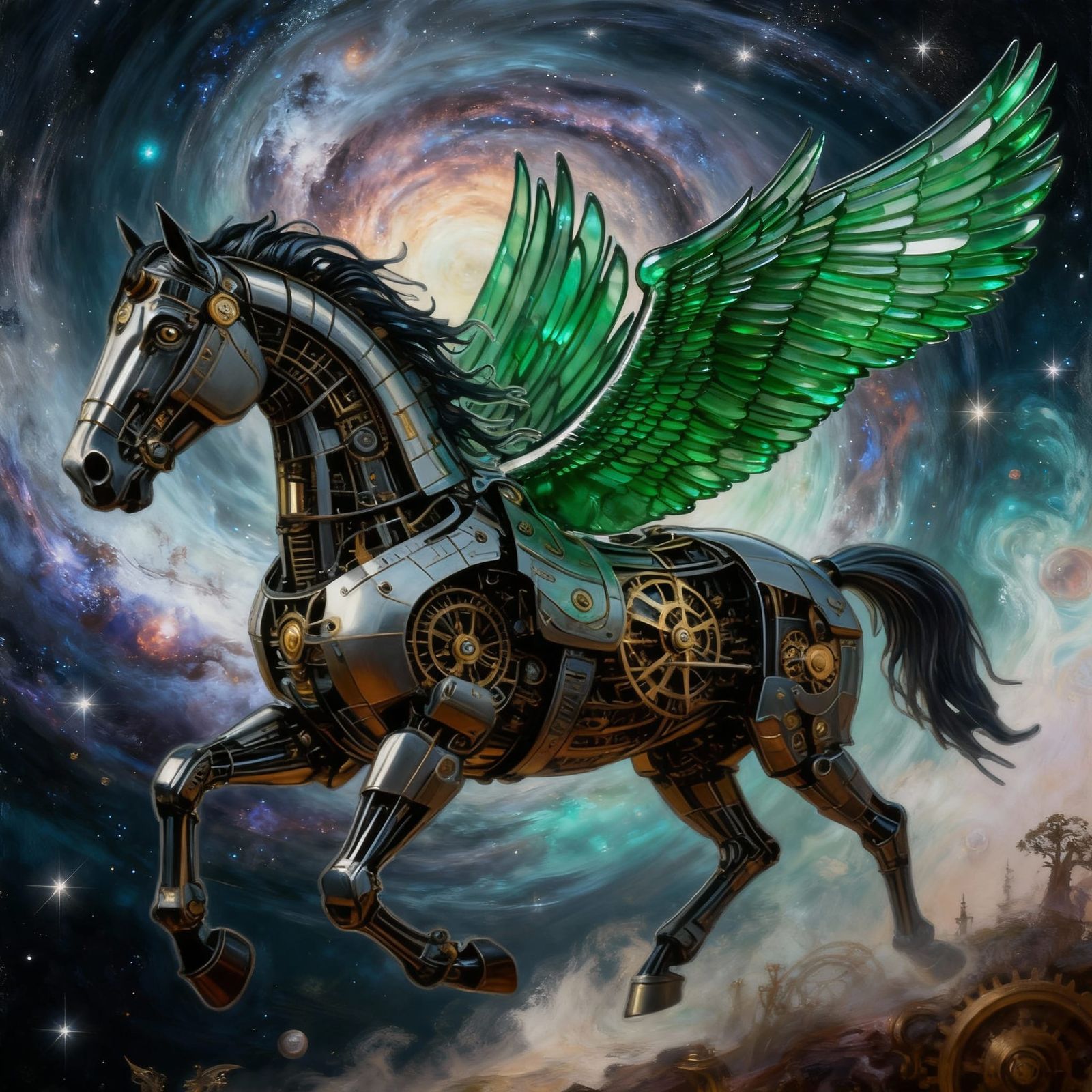 Clockwork Horse with Green Glass Wings Gallops Through Nebul...