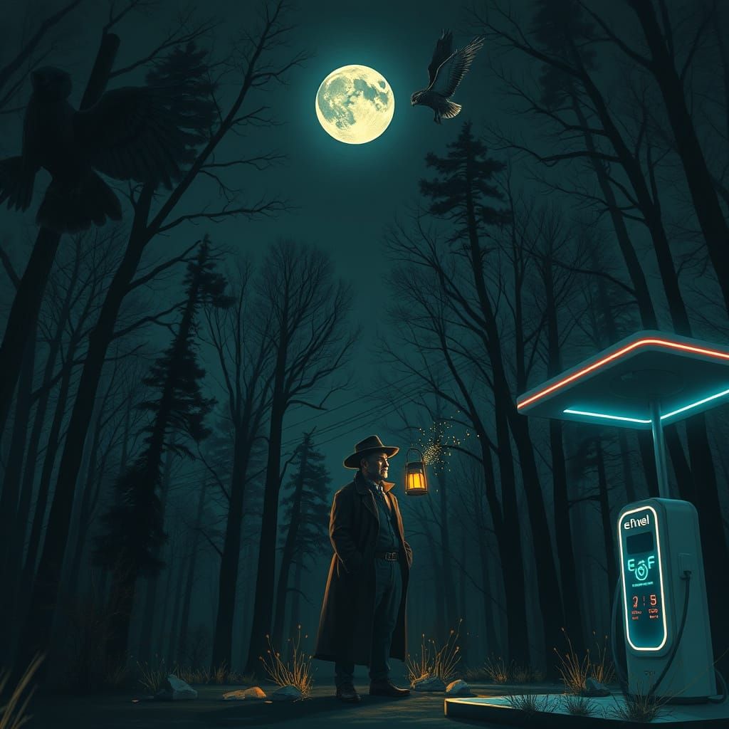 Dramatic Lantern in Forest Near Neon E-Fuel Station