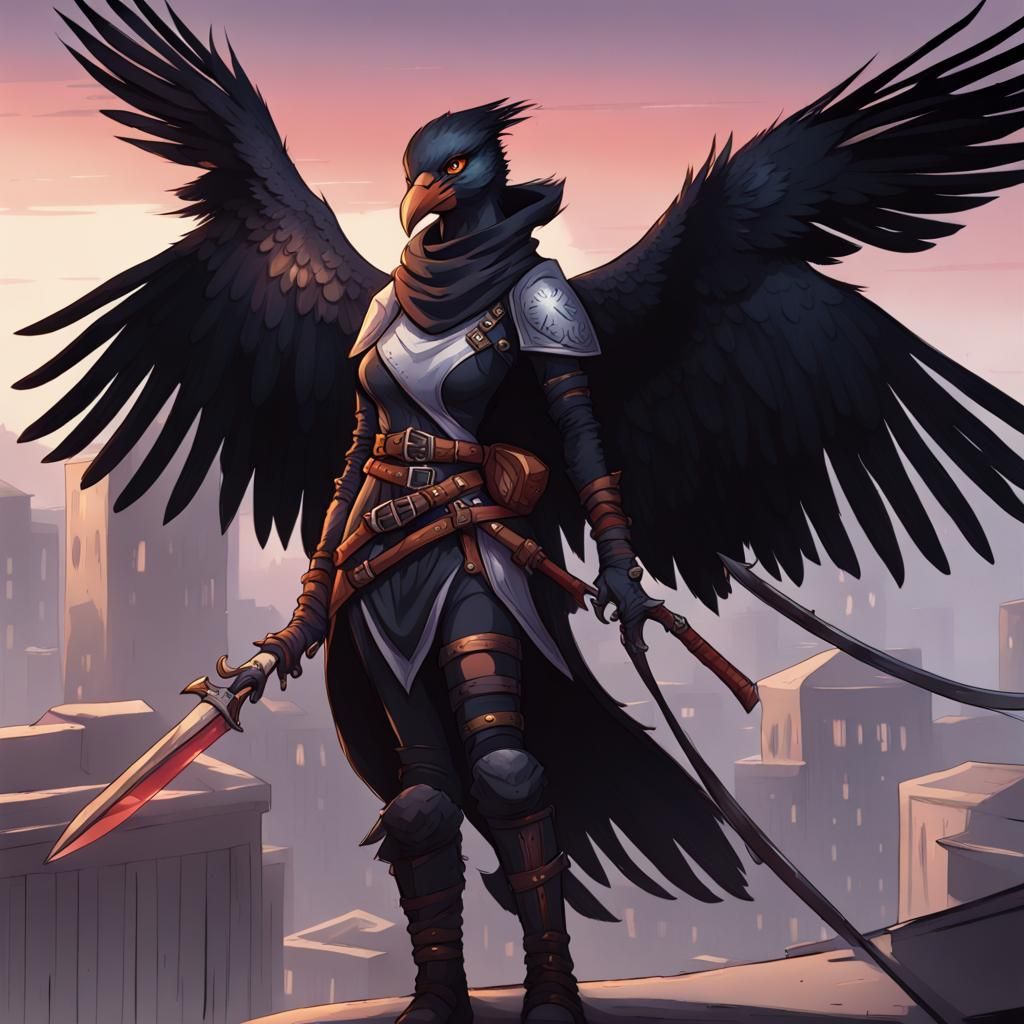 Aarakocra Assassin Perched on Rooftop at Twilight