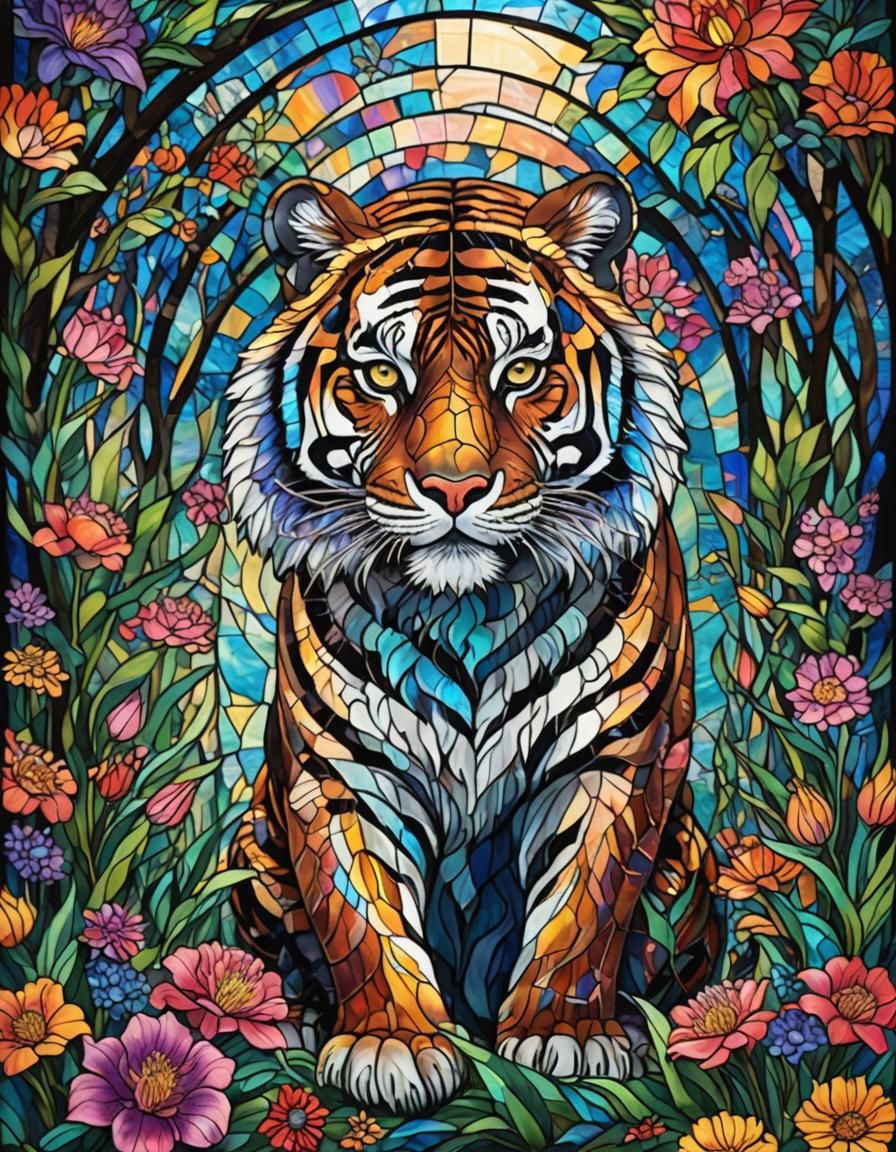 Iridescent Stained Glass Tiger in Psychedelic Art Style